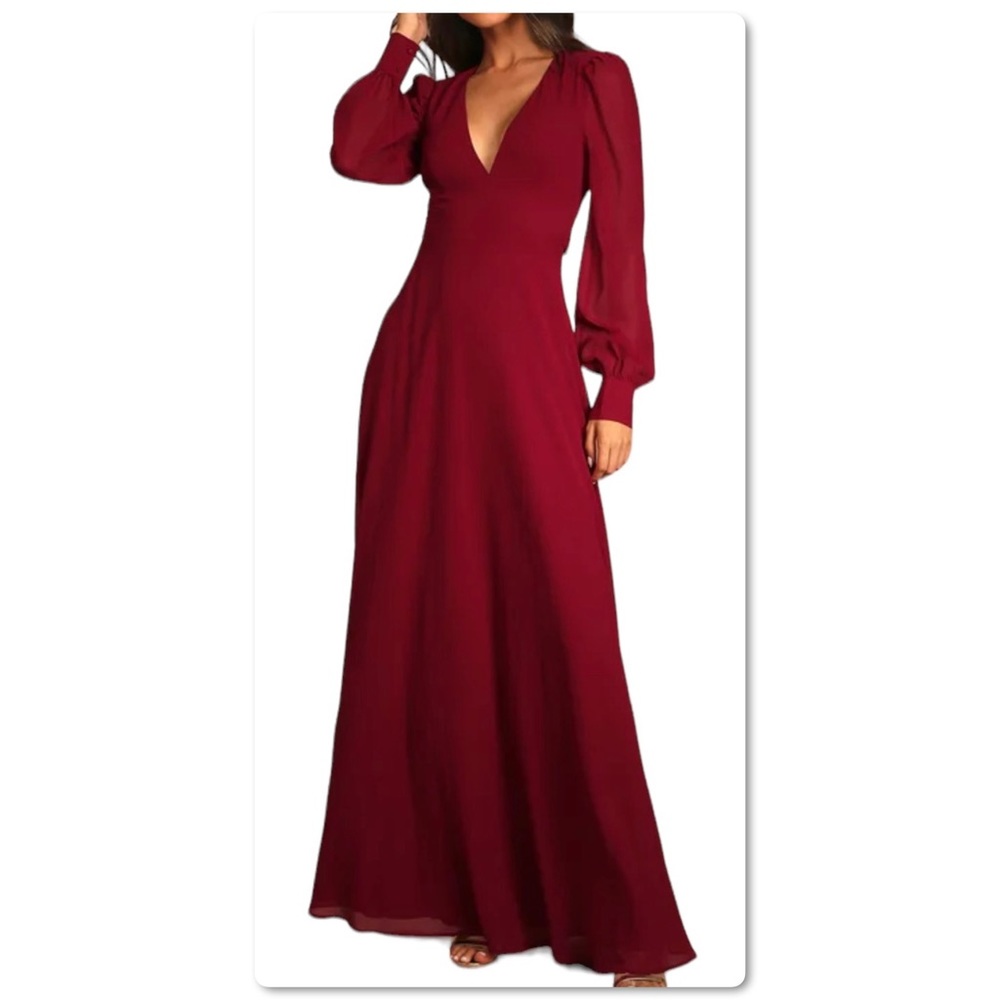 Lulu’s Talk About Divine Maxi Backless Dress Burgundy Long Sleeves Size S Small